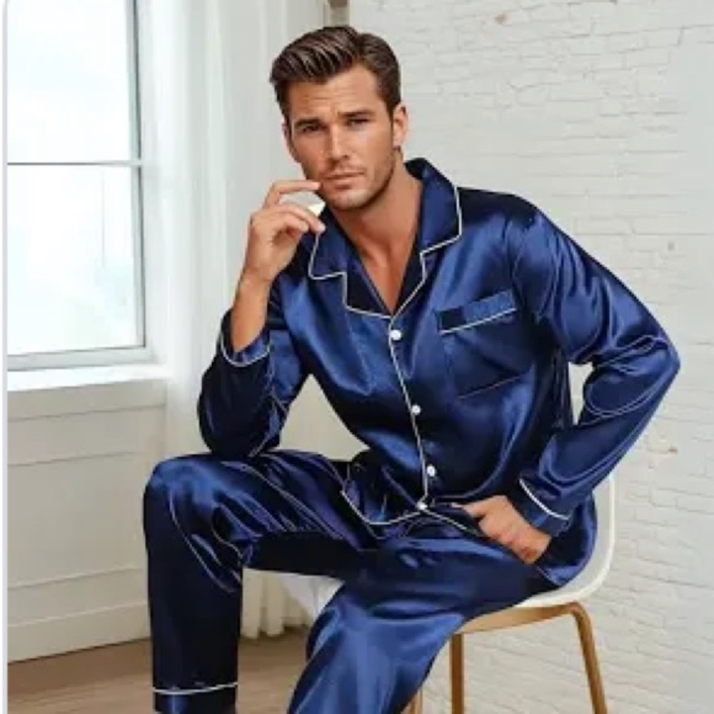 Bay Studio Blue and Cream Satin Pajama Set
